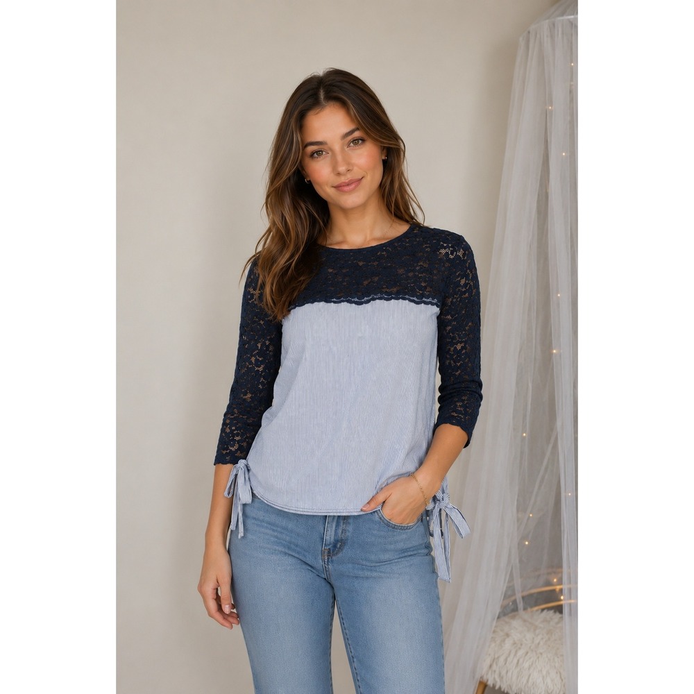 Zara Nautical Pinstripe Lace Top Preppy Feminine Tie Sleeve Navy Size S Resort‎